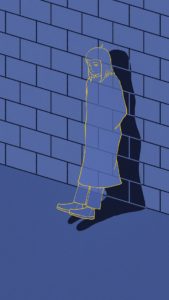 Transparent femme-presenting person drawn in yellow lines, with black shadow, against background of a blue wall of brick shapes.