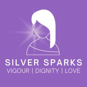 Purple background, white femme silhoutte with an owl in her ear with a rainbow wing and surrounded by sparks. Text: Silver Sparks, Vigour, Dignity, Love