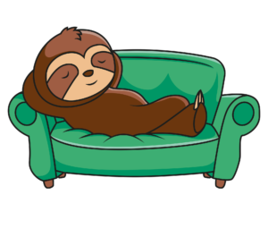 Brown cartoon sloth lying on a green couch, looking very relaxed.