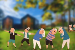 Cartoon set in a park, with a number of silver-haired people exercising (tai chi and running).