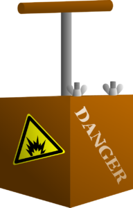 Brown box saying DANGER with a brown detonator handle.