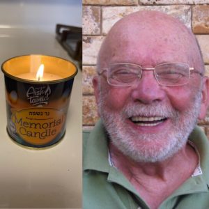A collage of a burning yahrzeit candle and a smiling picture of my dad in front of a brick wall
