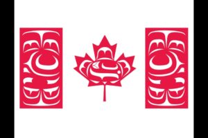 Red and white Canadian Maple Leaf flag, with Indigenous motifs