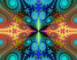 Wildly complex fractal patterns in blue, green, orange, yellow and purple