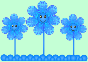 Three smiling blue cartoon flowers on a green background